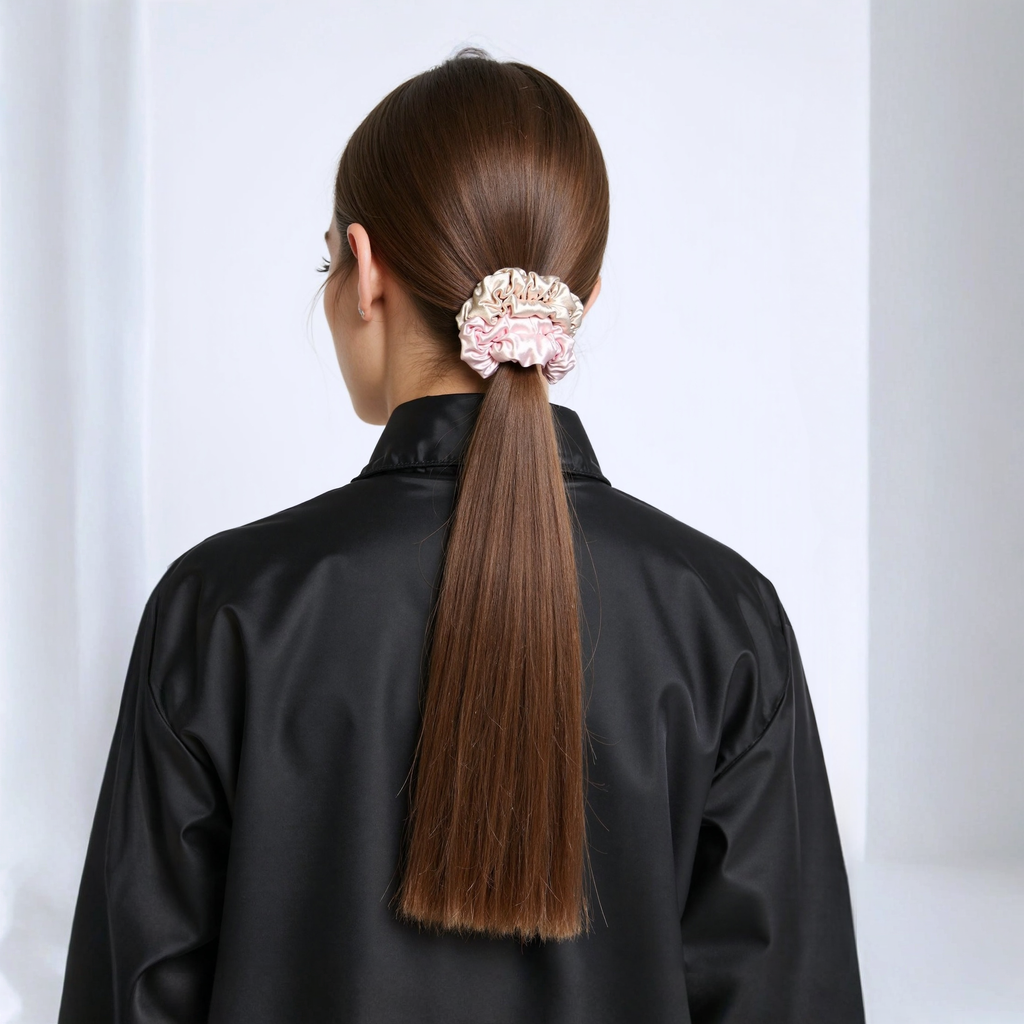 Person with a high ponytail wearing a silk scrunchie