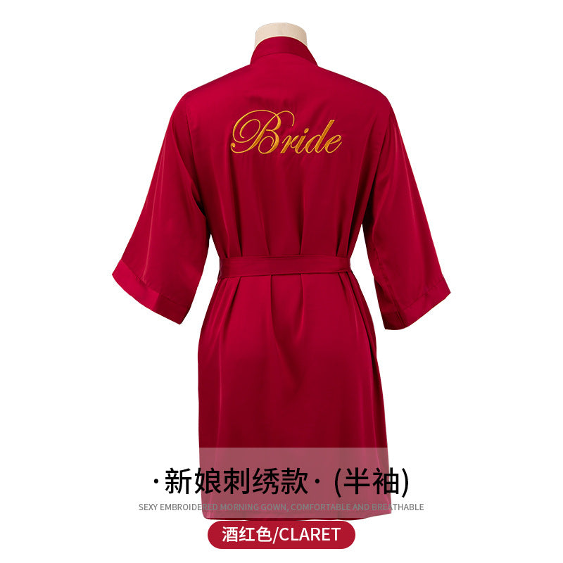 Bridal & Bridesmaid Satin Robe with Hand Embroidery – Elegant Wedding Morning Sleepwear & Dressing Gown