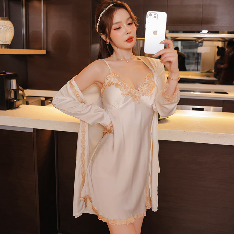 Satin & Handcrafted Golden Lace Nightdress & Robe Set – Elegant, Sexy, and Comfortable Loungewear or Bridal Gift