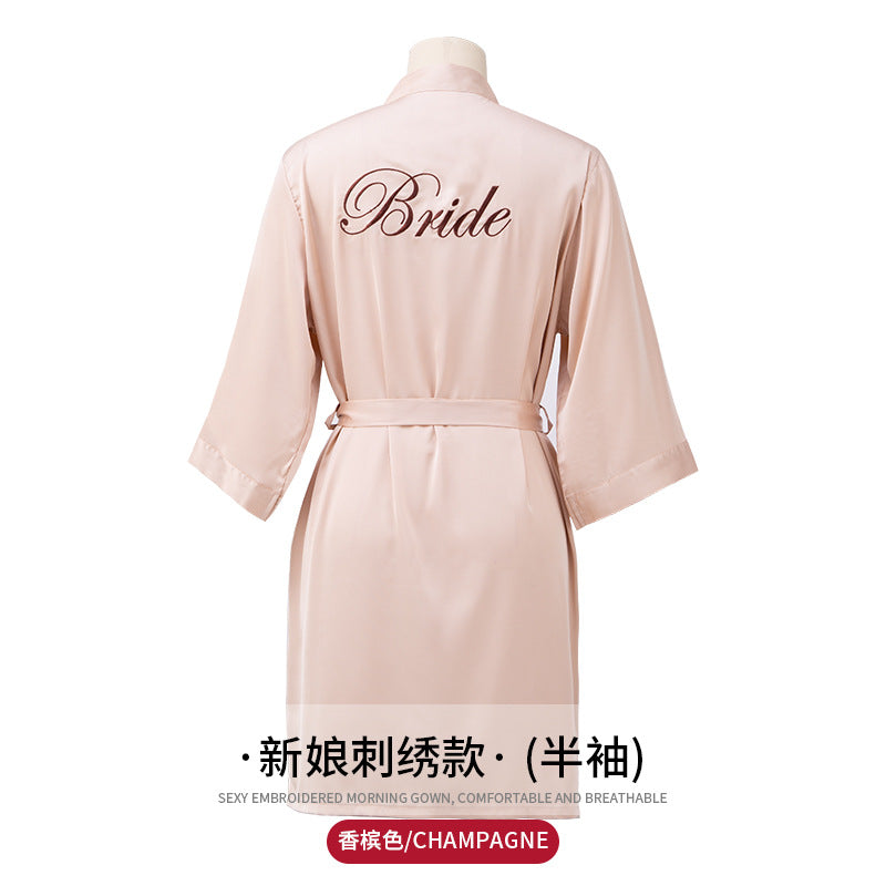 Bridal & Bridesmaid Satin Robe with Hand Embroidery – Elegant Wedding Morning Sleepwear & Dressing Gown