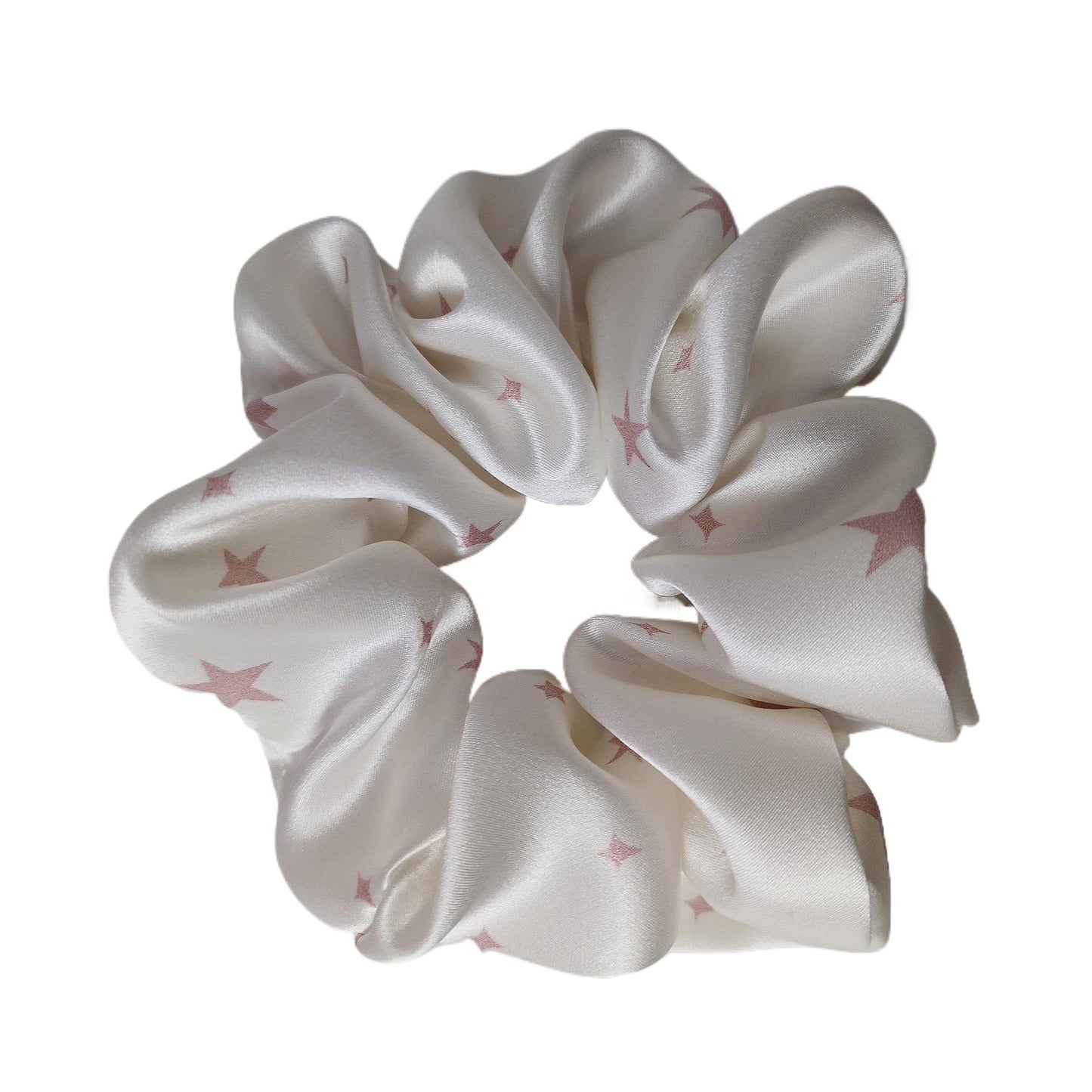 White satin scrunchie with pink stars