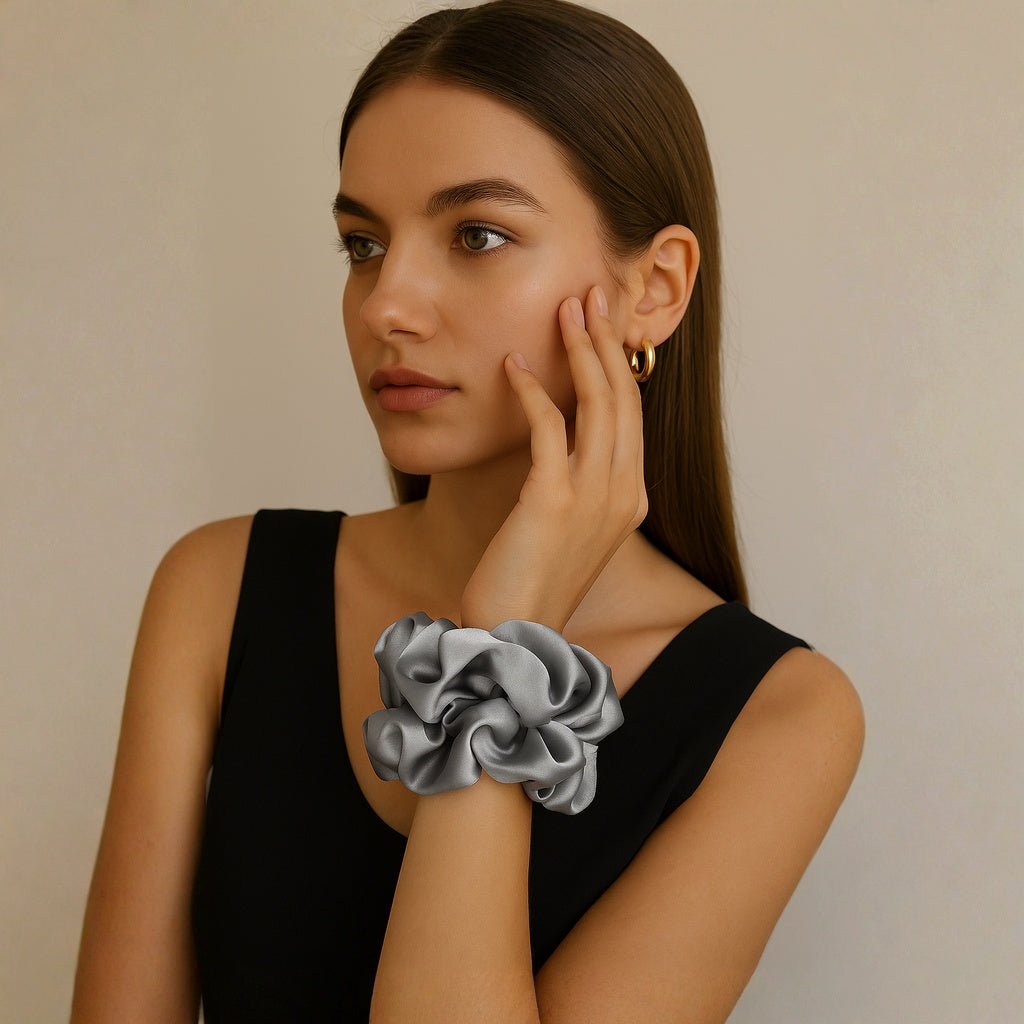 Woman wearing a silver hair scrunchies bracelet