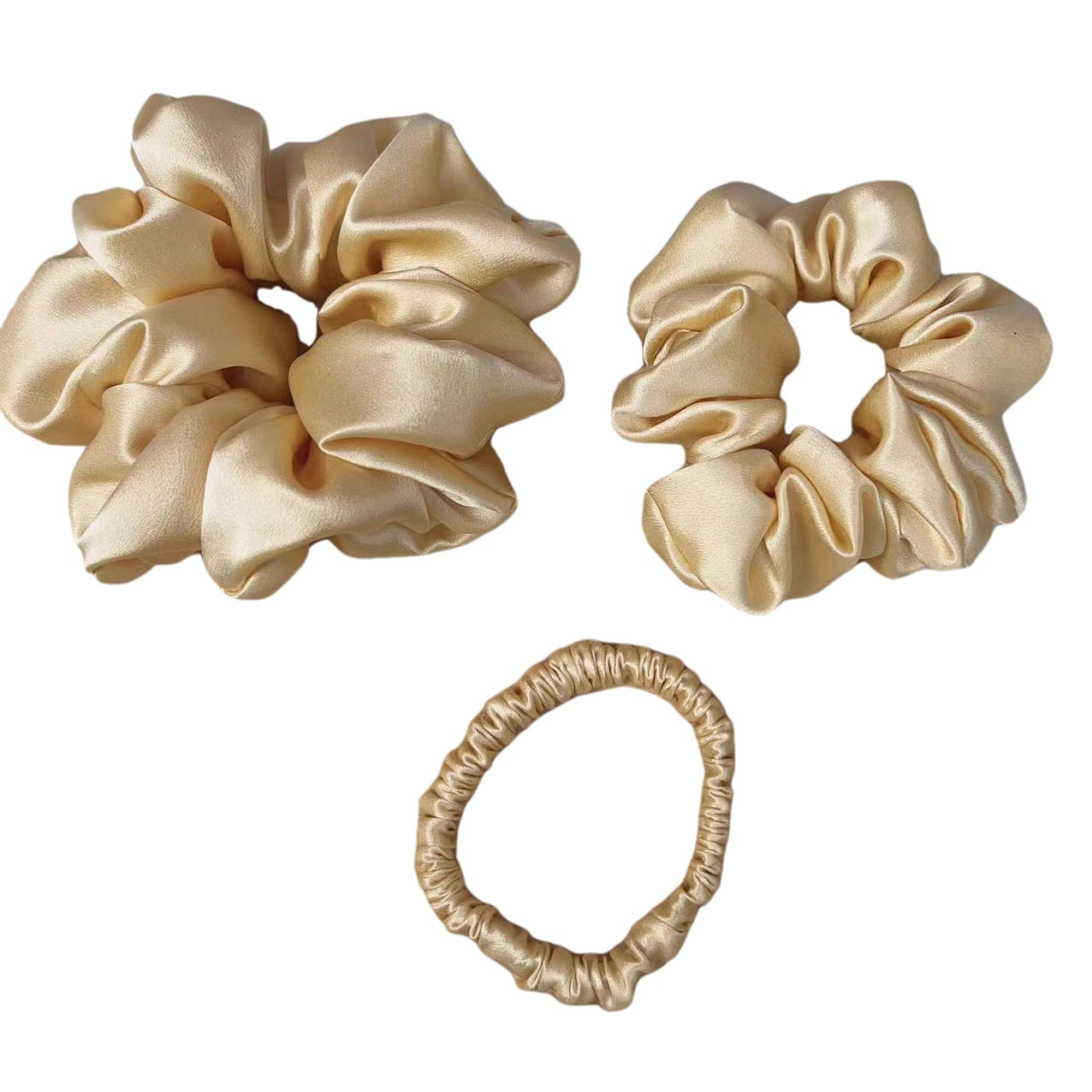 Set of 3 22 momme silk hair scrunchies – small, medium, large