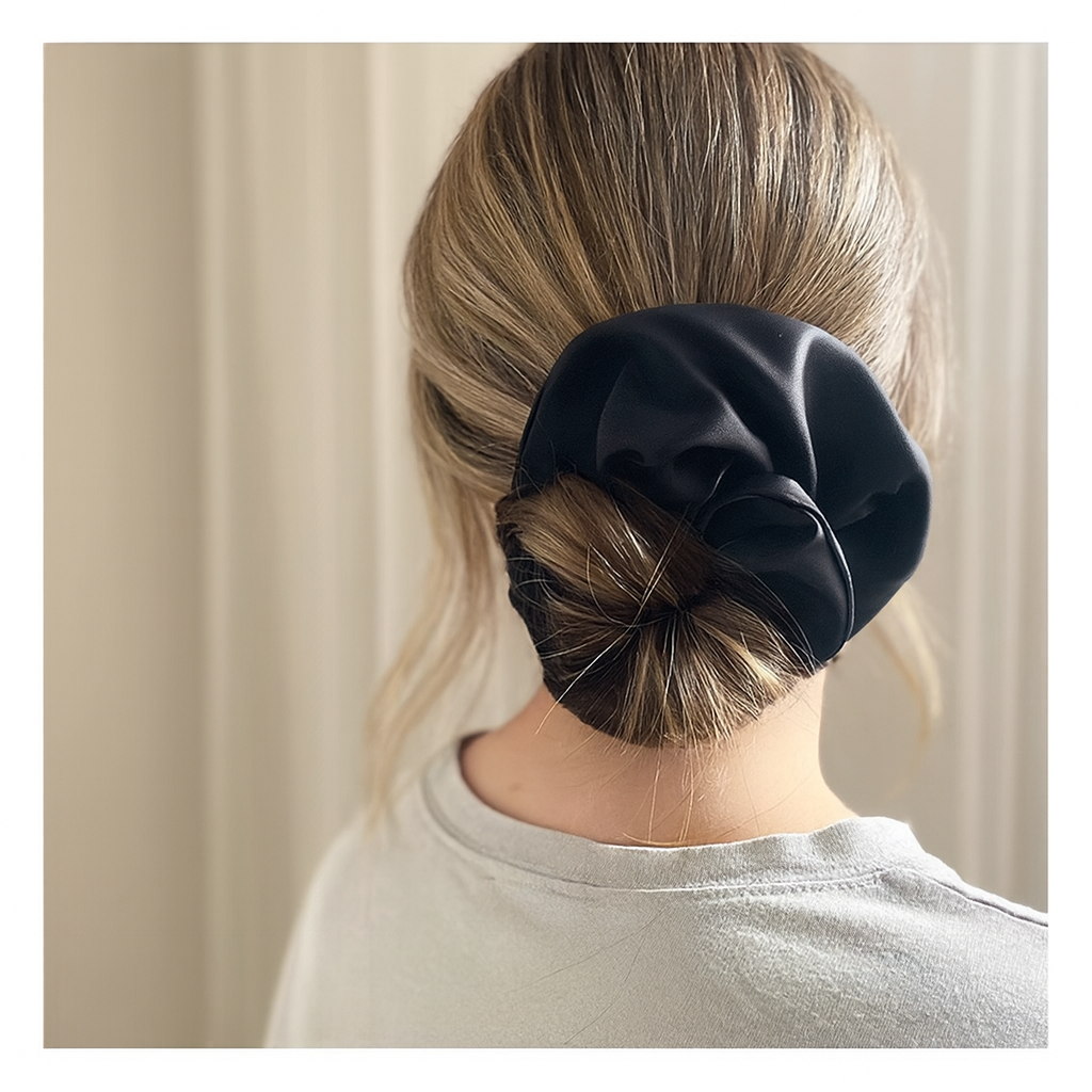 Person with a black scrunchie in their hair