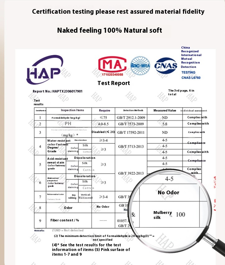 Test report with certification of silk