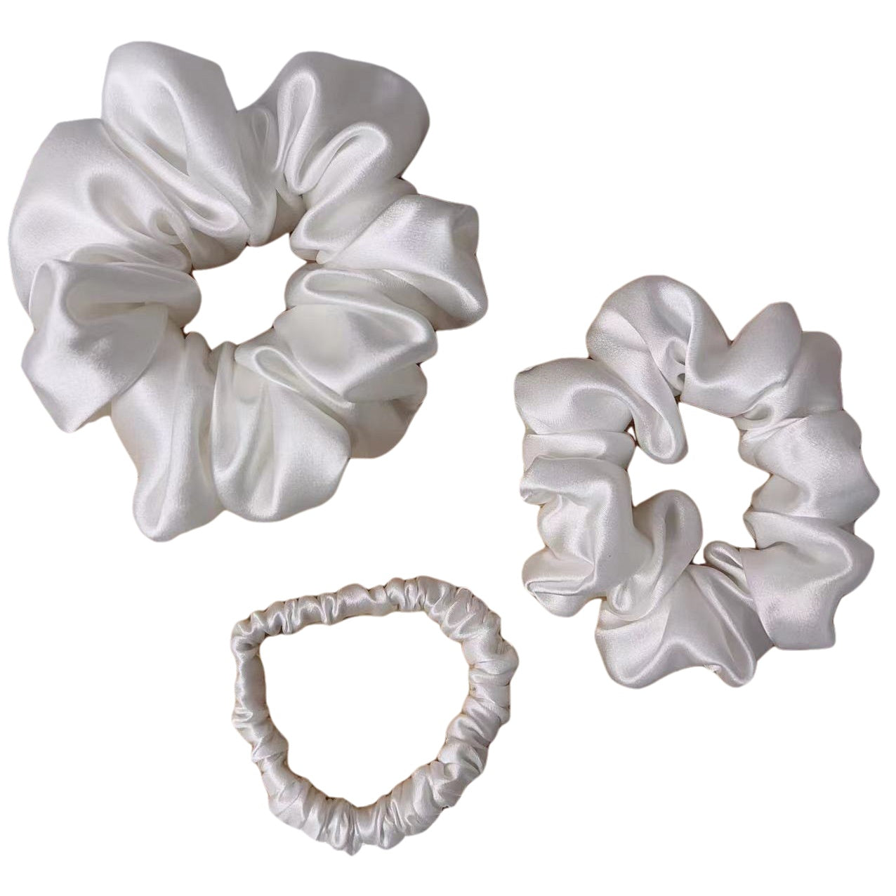 Set of 3 22 momme silk hair scrunchies – small, medium, large