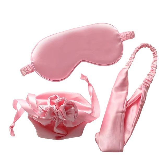 Set of pink satin eye mask, headband