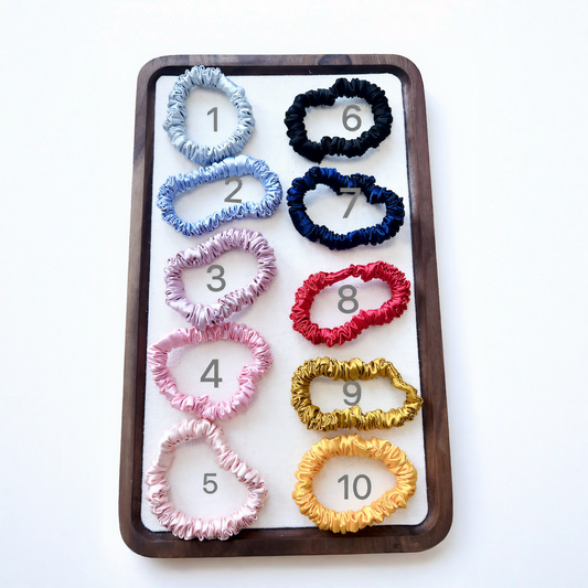 Set of colorful small silk hair scrunchies 