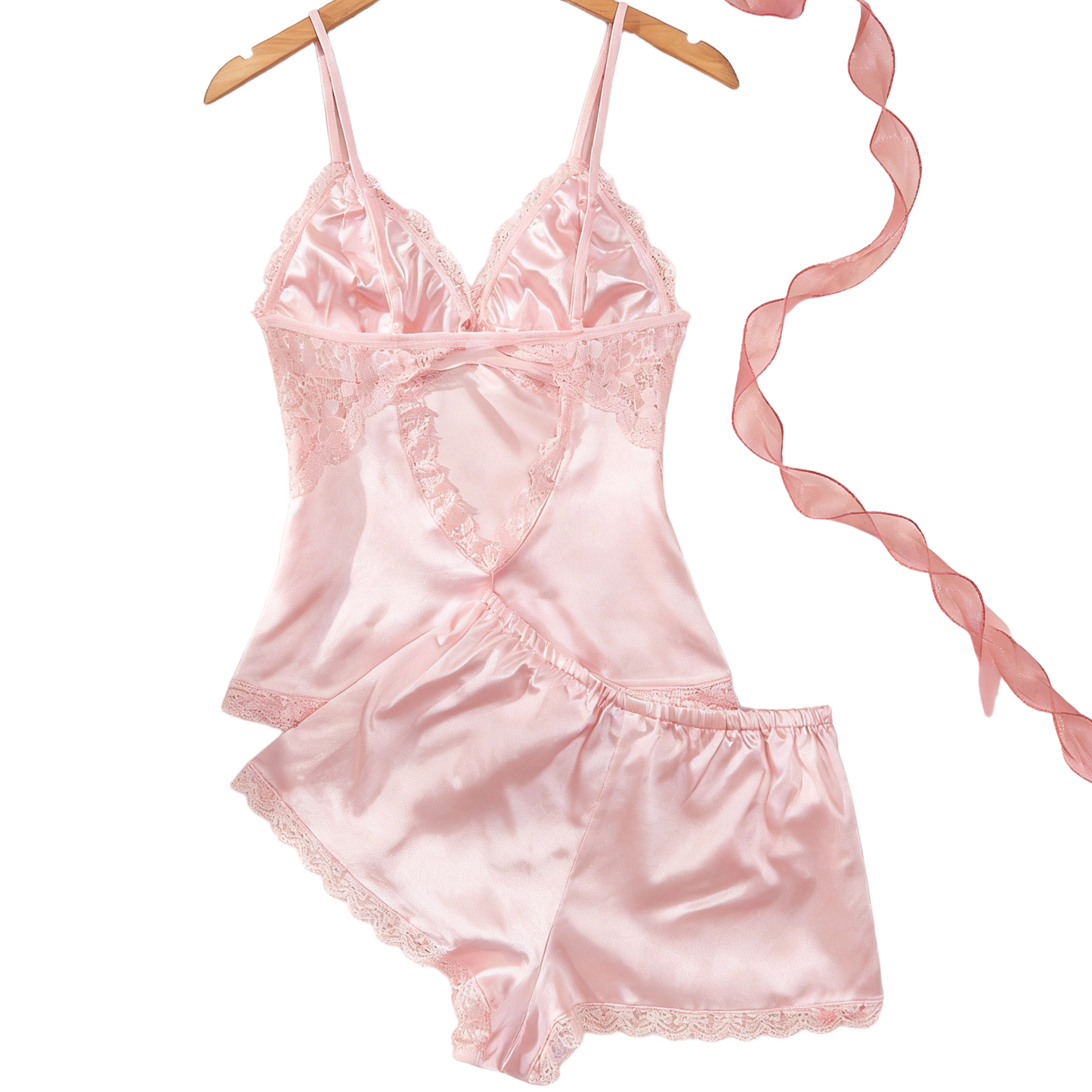 Silky Lace Trim Cami and Shorts 2-Piece Sleepwear Lingerie Nightwear
