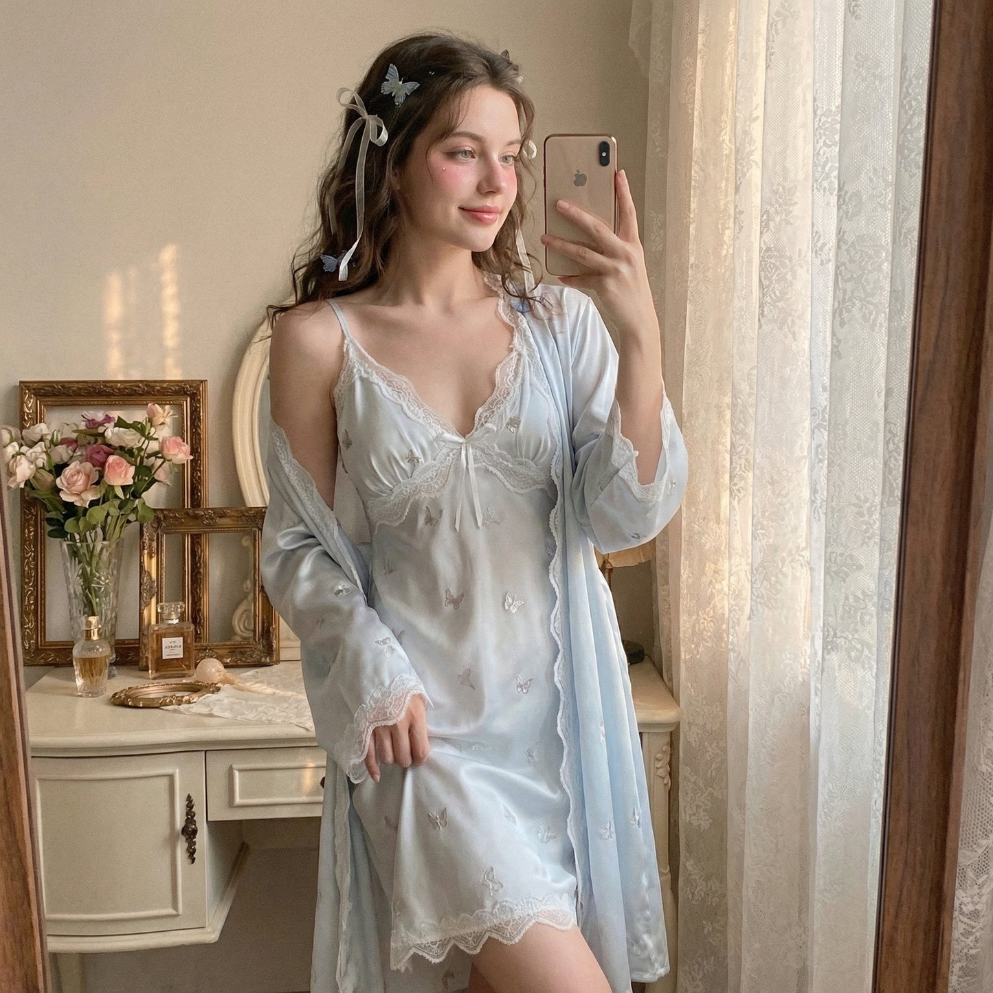Light Blue Satin Lace Nightdress & Robe Set – Silver Butterfly Print, with Built-in Bra Pads