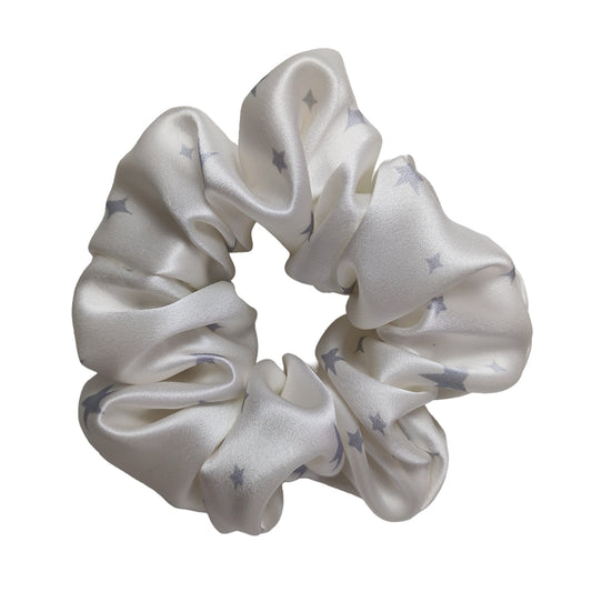 medium white silk scrunchie with star pattern