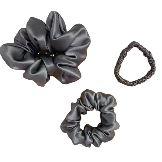 Set of 3 22 momme silk hair scrunchies – small, medium, large