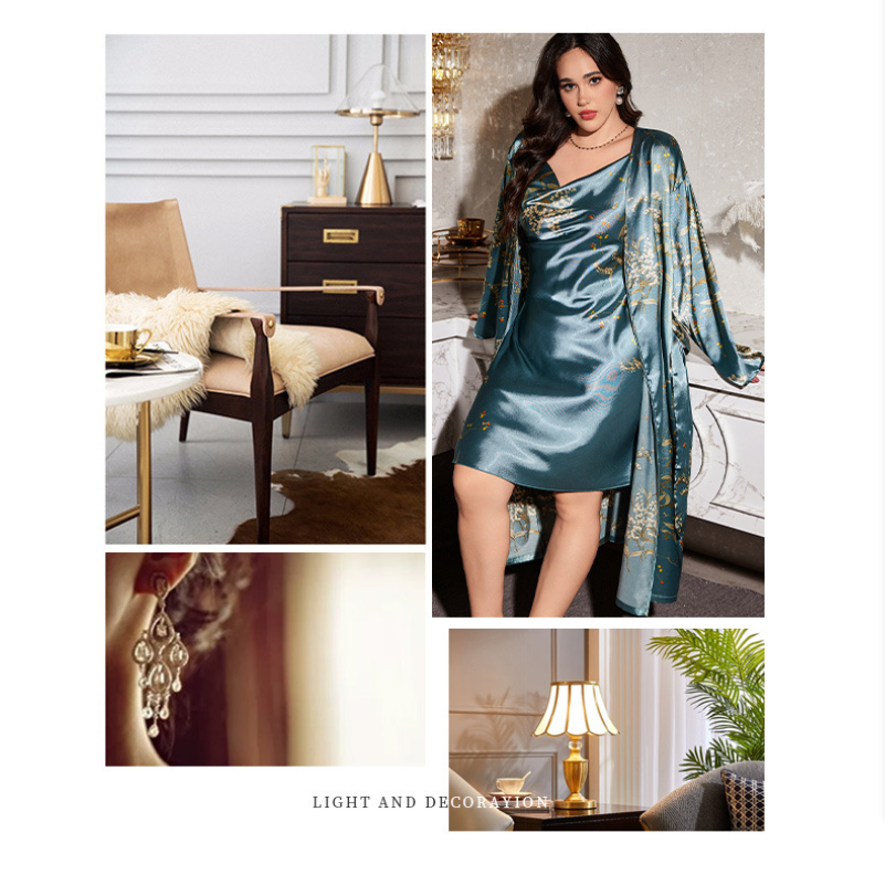 Plus Size Printed Ice Silk Robe & Nightdress Set