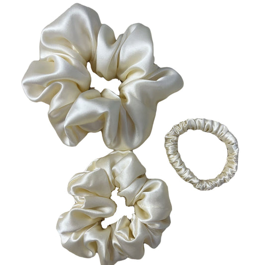 Set of 3 22 momme silk hair scrunchies – small, medium, large