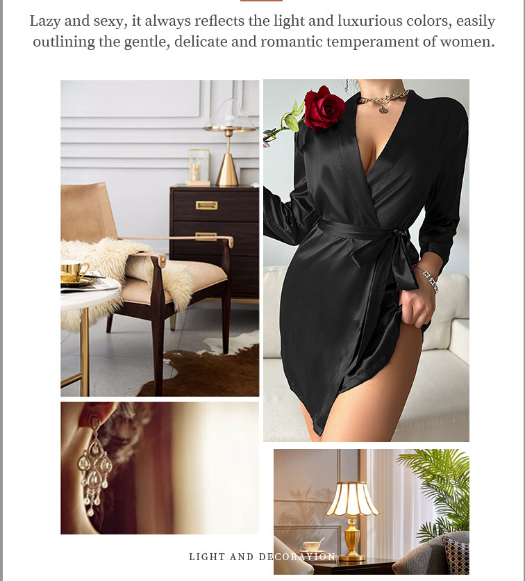 Black satin robe with red rose