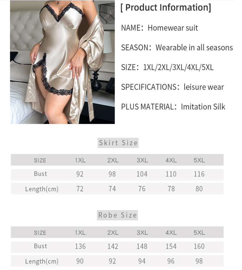 Homewear suit with size chart and product information