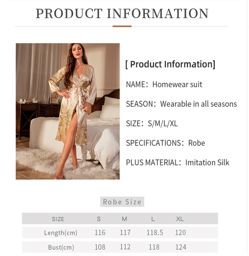 Product information for a homewear suit with a model wearing it in a bedroom 