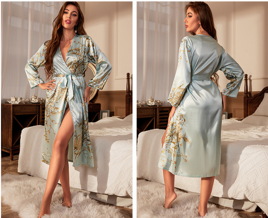 Satin Long Sleeve Robe – Lightweight Tie-Waist Kimono Sleepwear