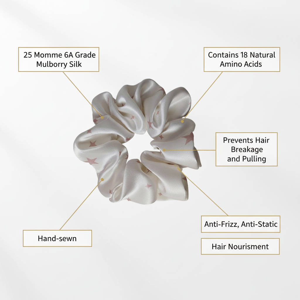 Silk scrunchie with text highlighting its features 