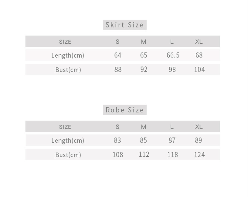 Size chart for skirts and robes 