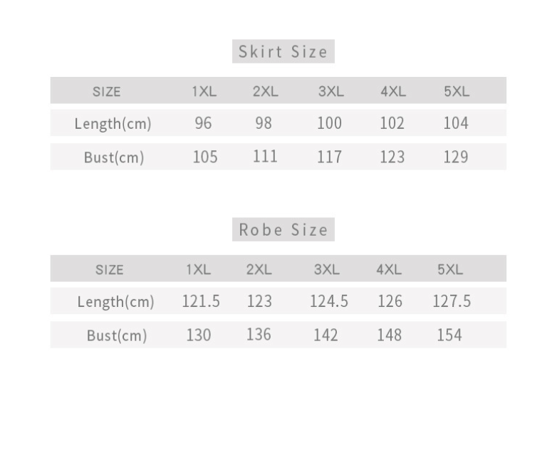 Size chart for skirts and robes foe plus size women summer clothes