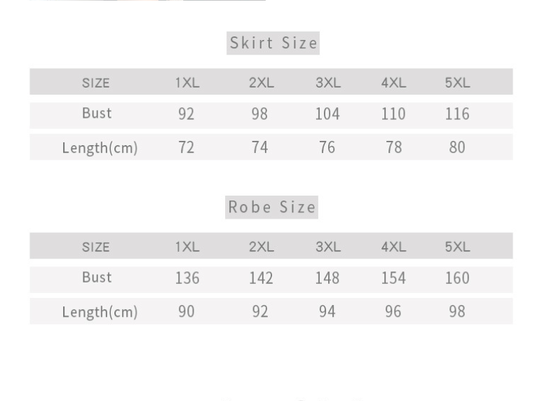 Size chart for skirts and robes with measurements in centimeters.