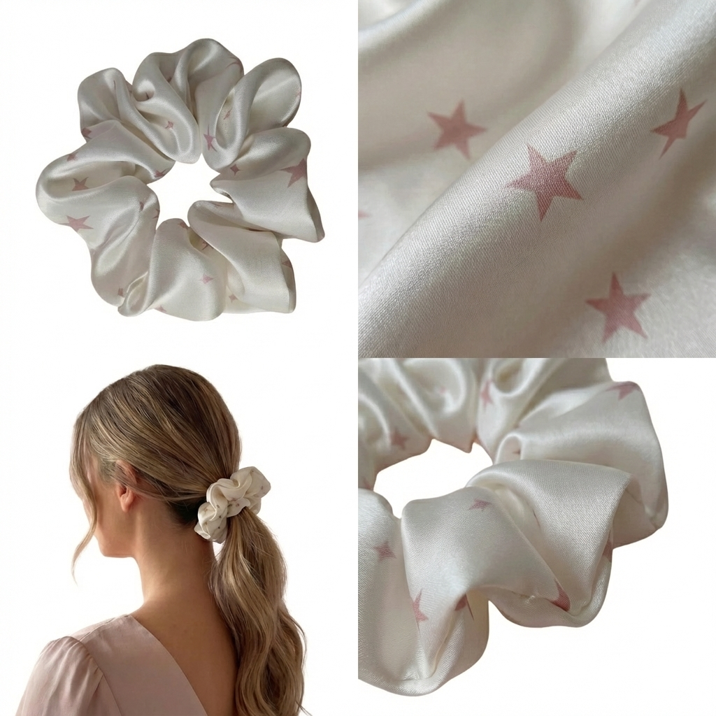 White scrunchie with pink stars on a white background, close-up of fabric with stars, and a person wearing the scrunchie.