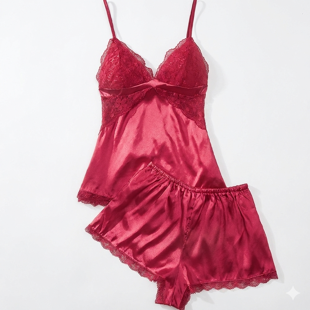 Silky Lace Trim Cami and Shorts 2-Piece Sleepwear Lingerie Nightwear