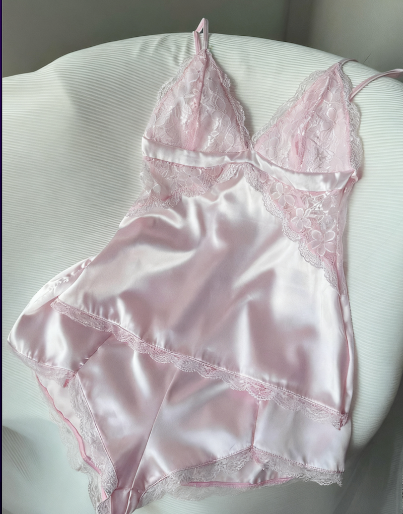 Silky Lace Trim Cami and Shorts 2-Piece Sleepwear Lingerie Nightwear