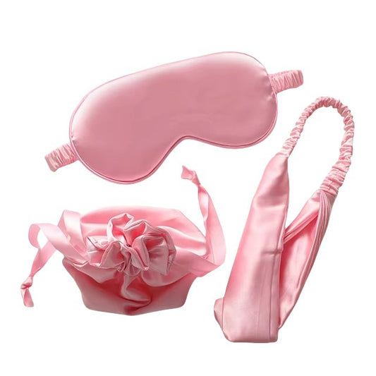 Set of pink satin eye mask, headband