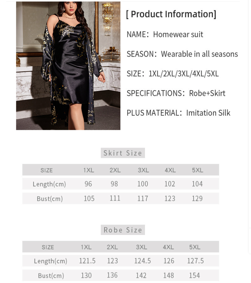 plus size Homewear suit with robe and skirt, size chart included
