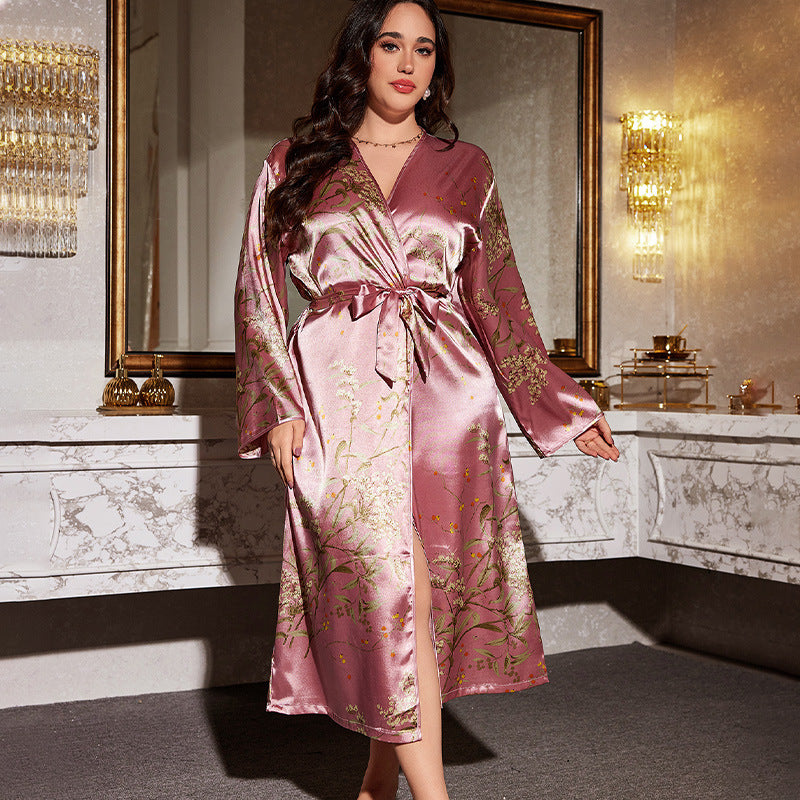 plus size pink satin robe with floral patterns